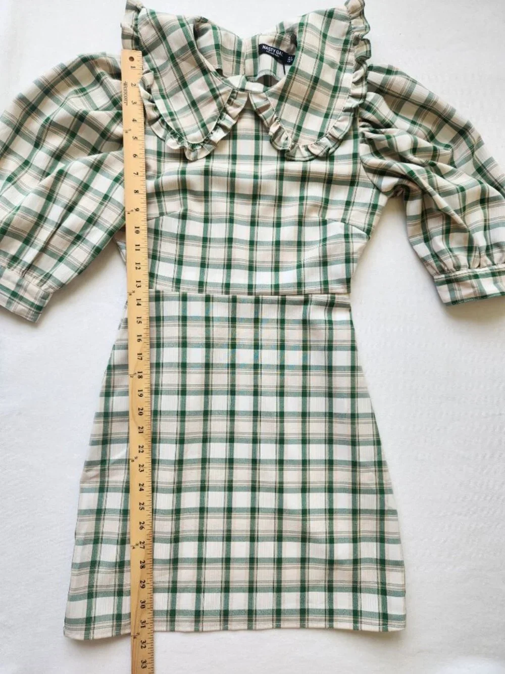Nasty Gal Plaid Check Mini Dress Green Cream Ruffled Coquette Romantic Cottage - Picture 11 of 11